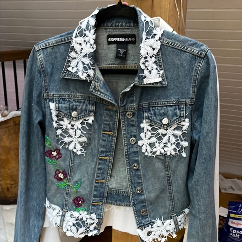 Express Denim Jacket with Lace and Floral Embroidery